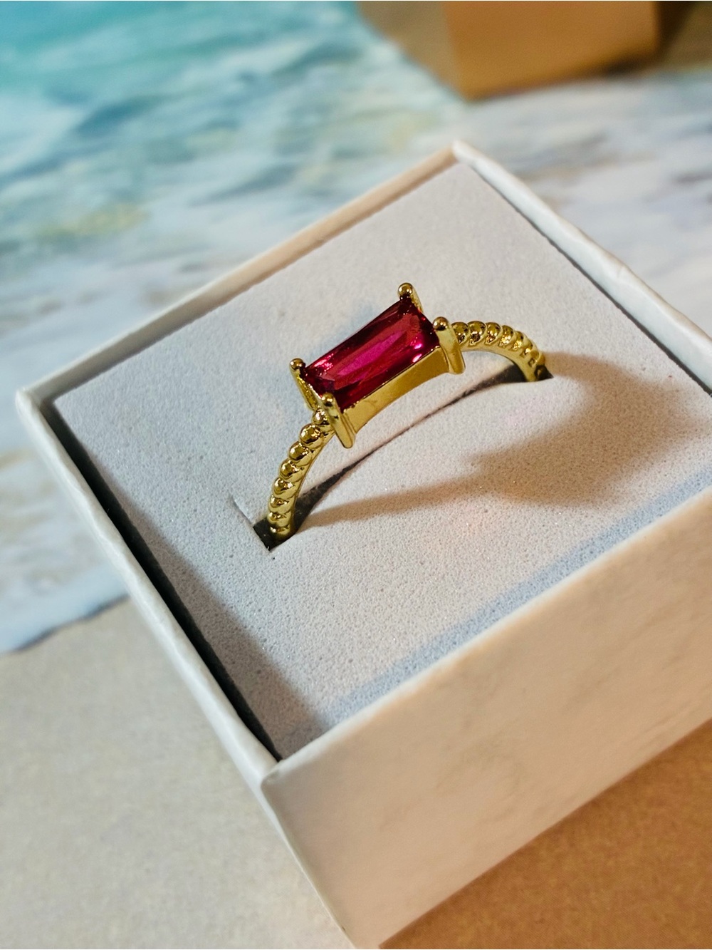 Gold-Tone Beaded Band Ring with Rectangular Red Stone